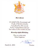 Letter from the Premier of British Colombia
